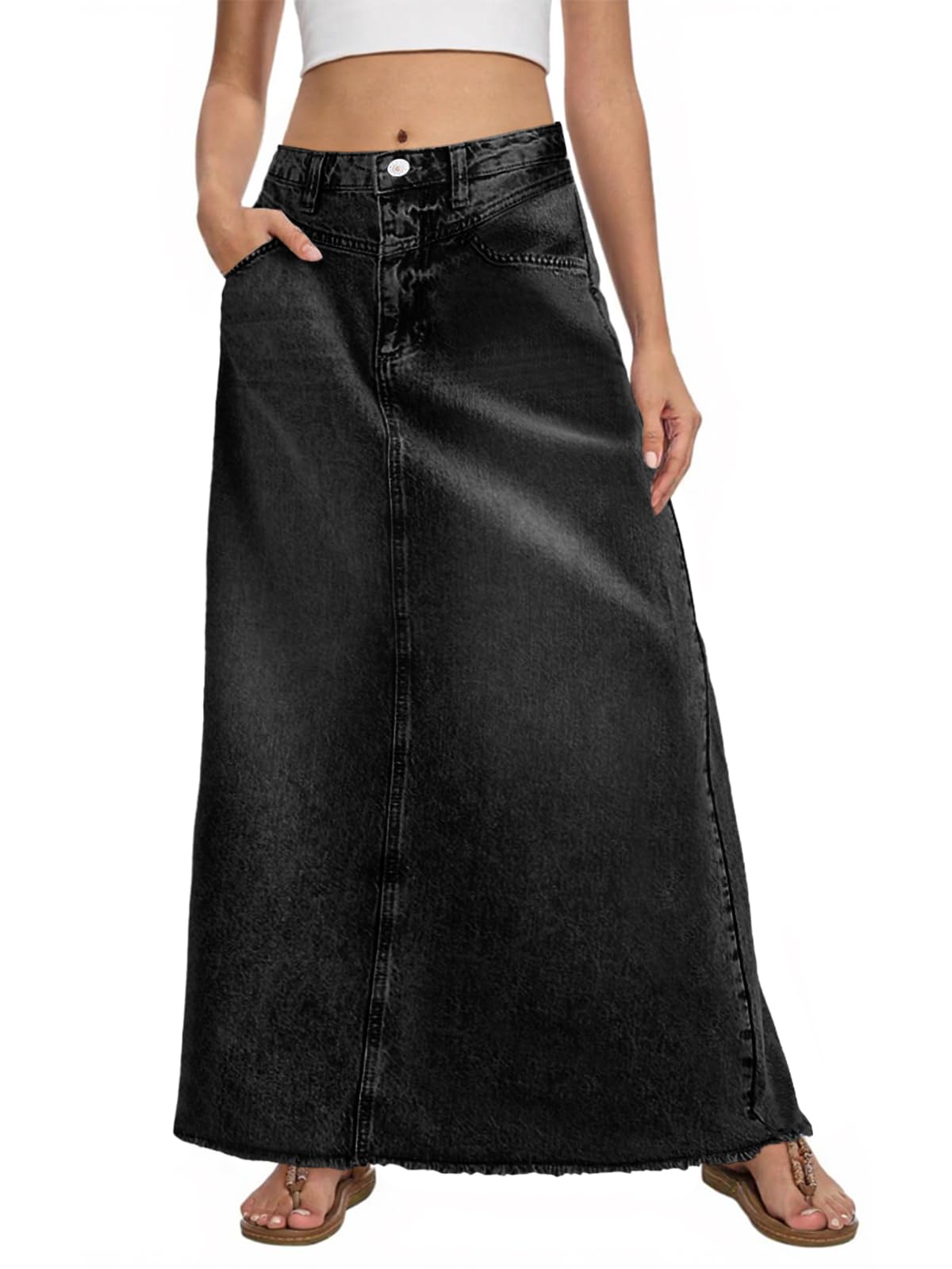 Fisoew Women's Vintage Denim Maxi Skirt Casual High Waist A-Line Frayed Hem Long Jean Skirt with Pockets