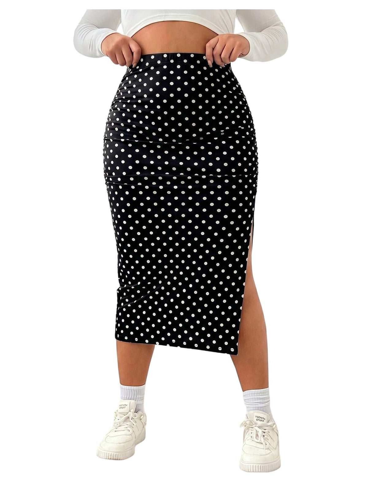 WDIRARA Women's Plus Size Checkered Split Midi High Waist Pencil Skirt