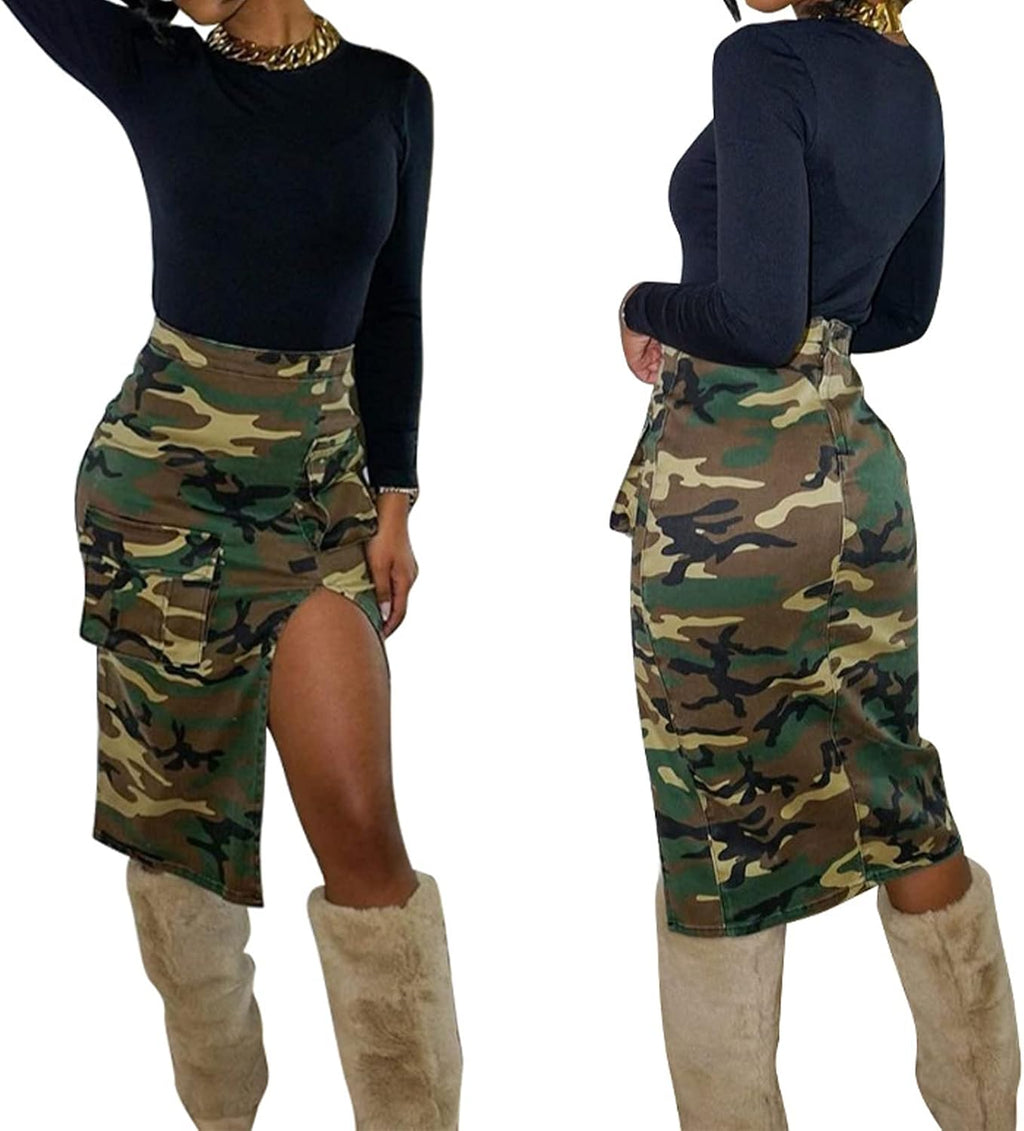 Vakkest Women's Camo Cargo Skirt High Waist Slit Front Long Bodycon Skirts