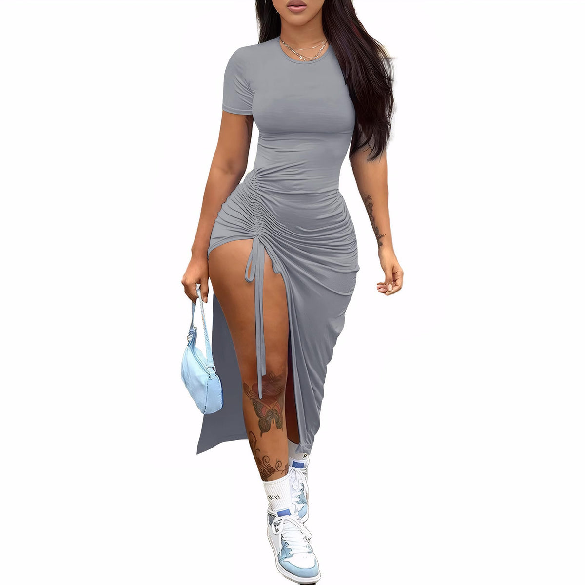 Nimsruc Women Sexy Summer Bodycon Dresses Short Sleeve Slit Maxi Club Dress