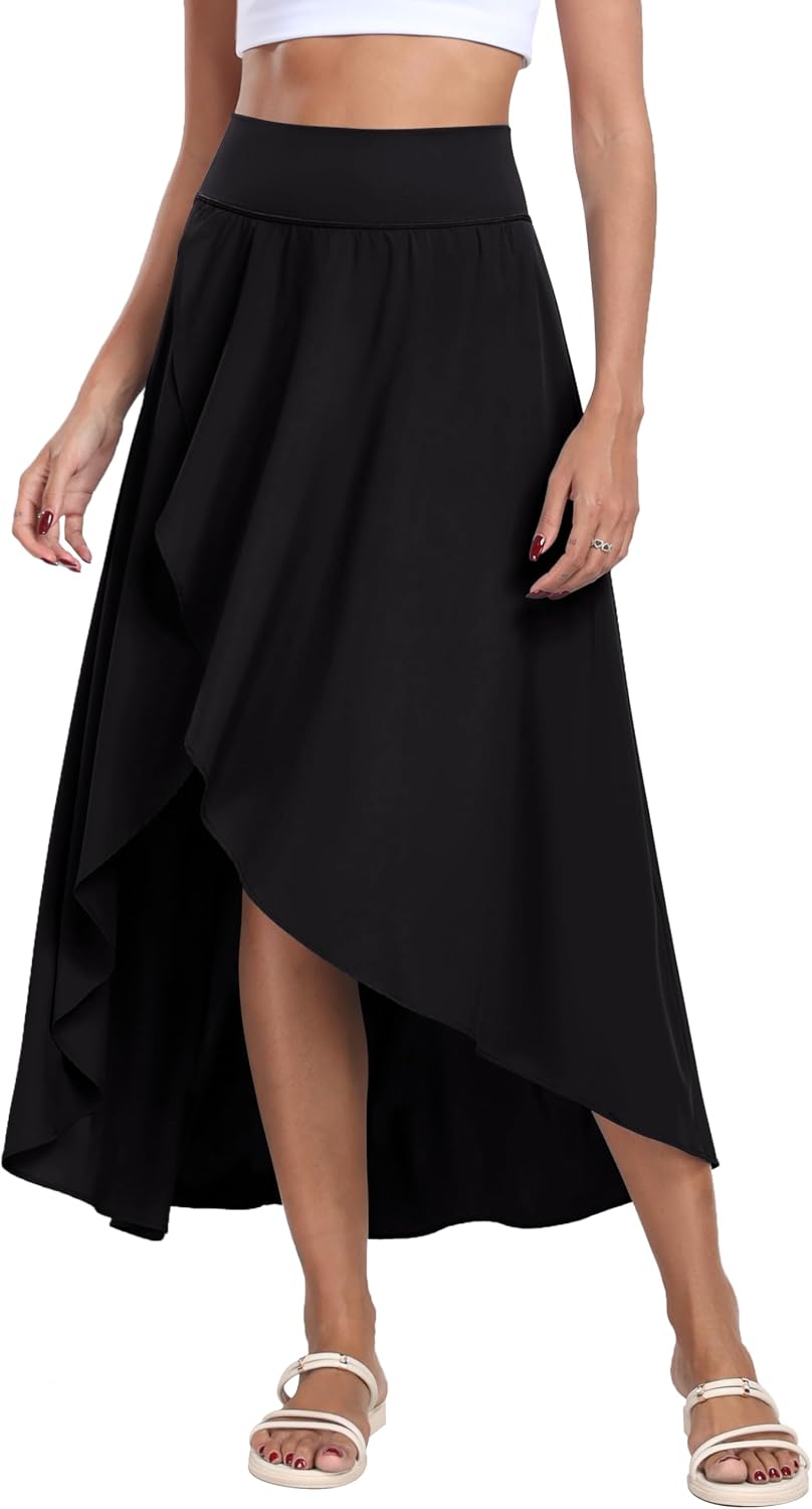 IUGA High Waist Maxi Skirt with Slit Ruffle Wrap Skirt Trendy Flowy Skirts for Women Long Skirts with Shorts Underneath