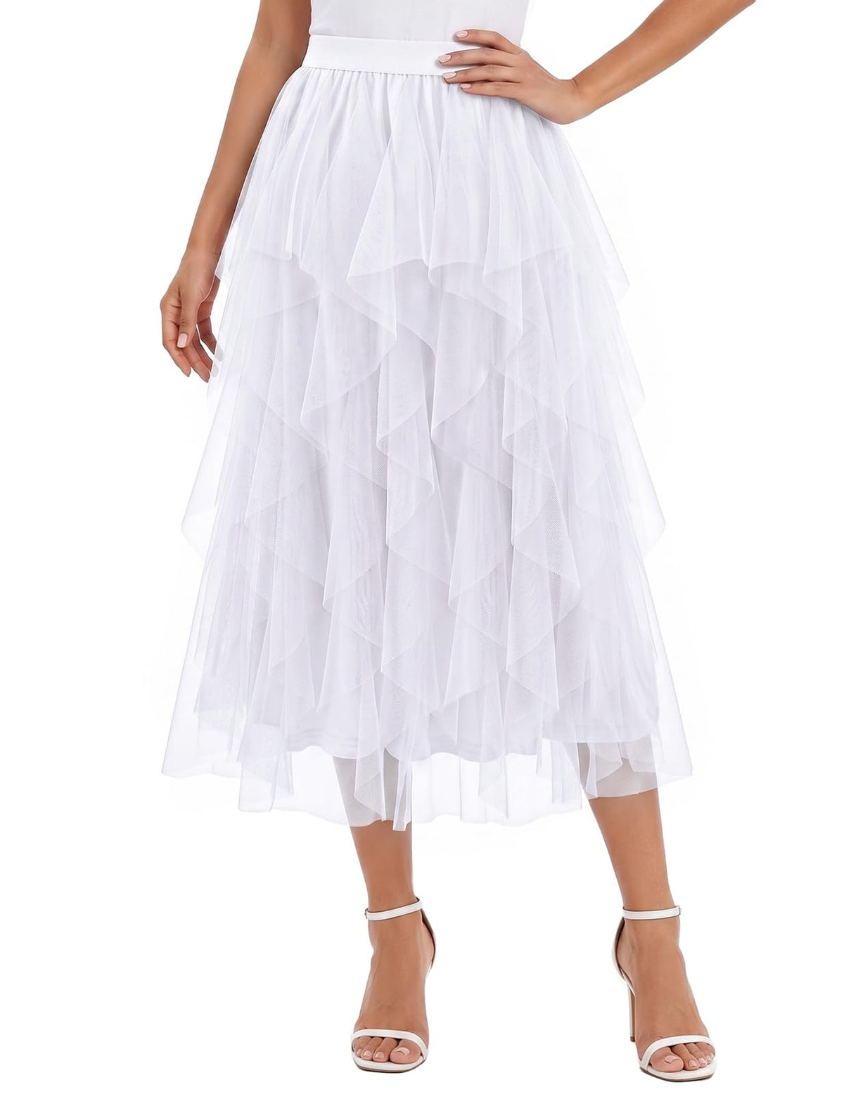 DRESSTELLS Women's Tulle Skirts, Midi Long A-line Elastic High Waist Fairy Tutu Skirt with Layered Ruffle