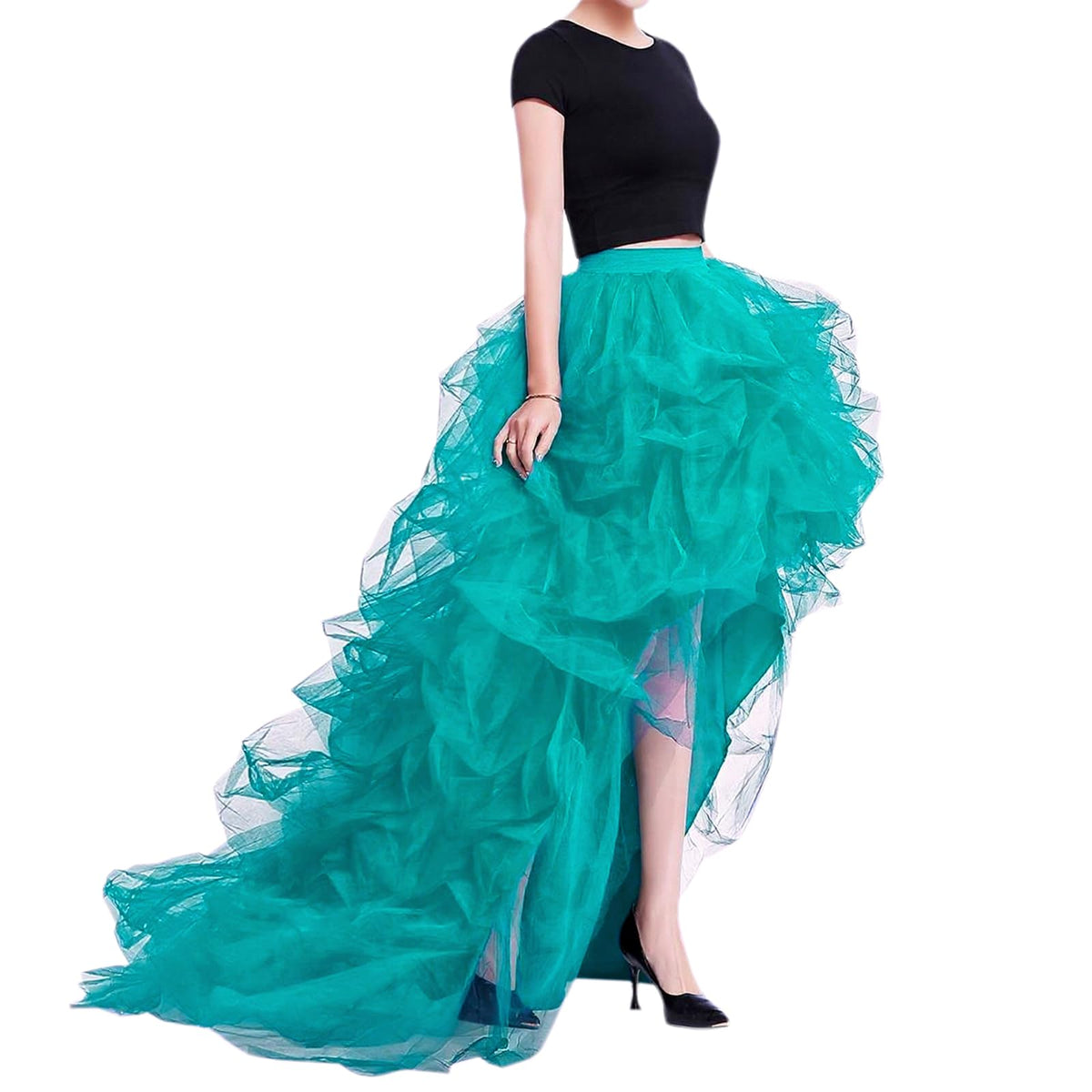 WDPL Women’s High Low Ruffled Tulle Skirt, Long Back Hem for Party Evening