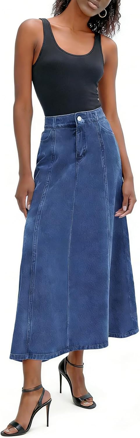 utcoco Women's Stretch High Waisted Denim Skirt Flowy A-Line Jean Maxi Skirt with Pockets