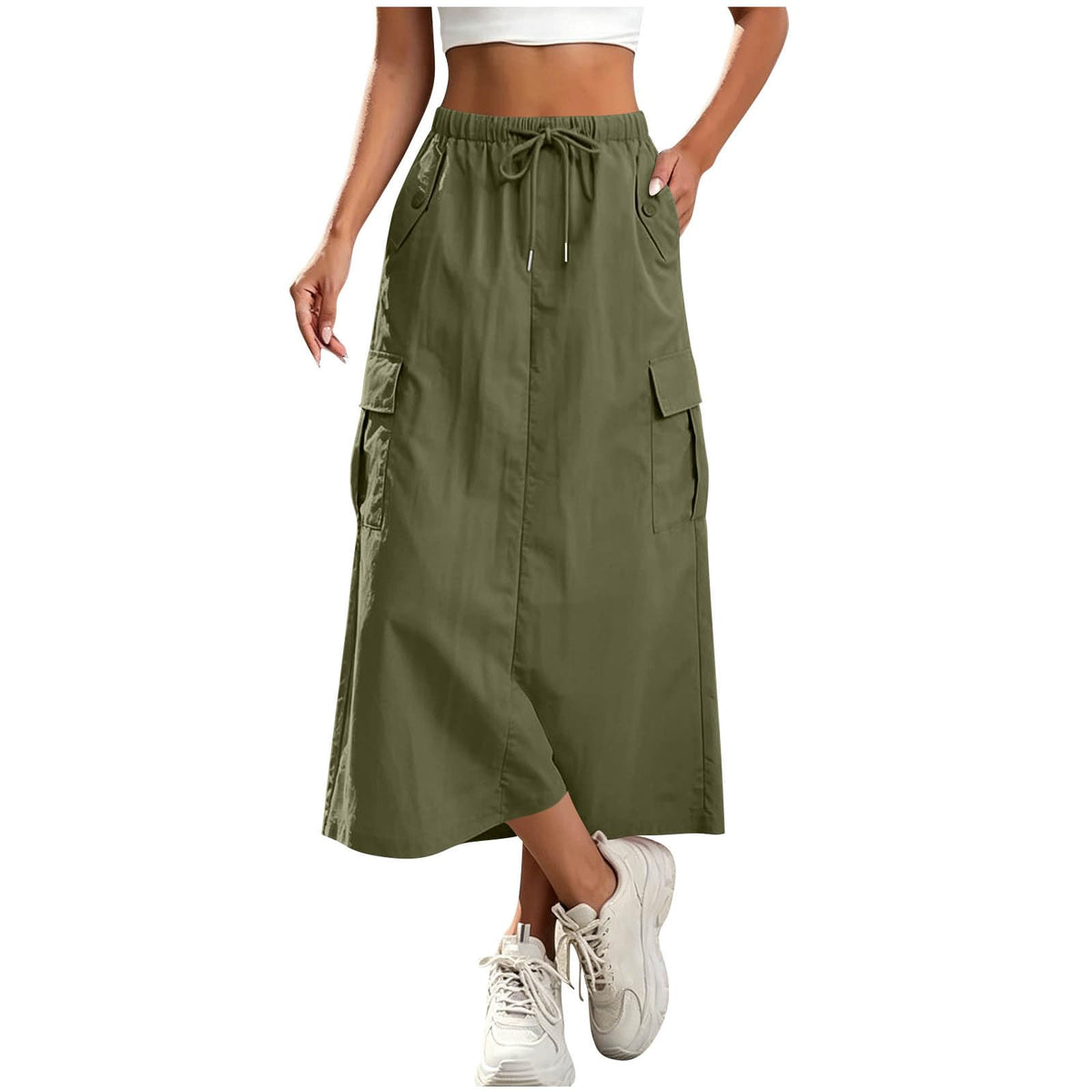 Womens Cargo Skirt High Waisted Drawstring Quick Dry Maxi Skirt Trendy Back Slit A Line Long Skirts Summer Skirts