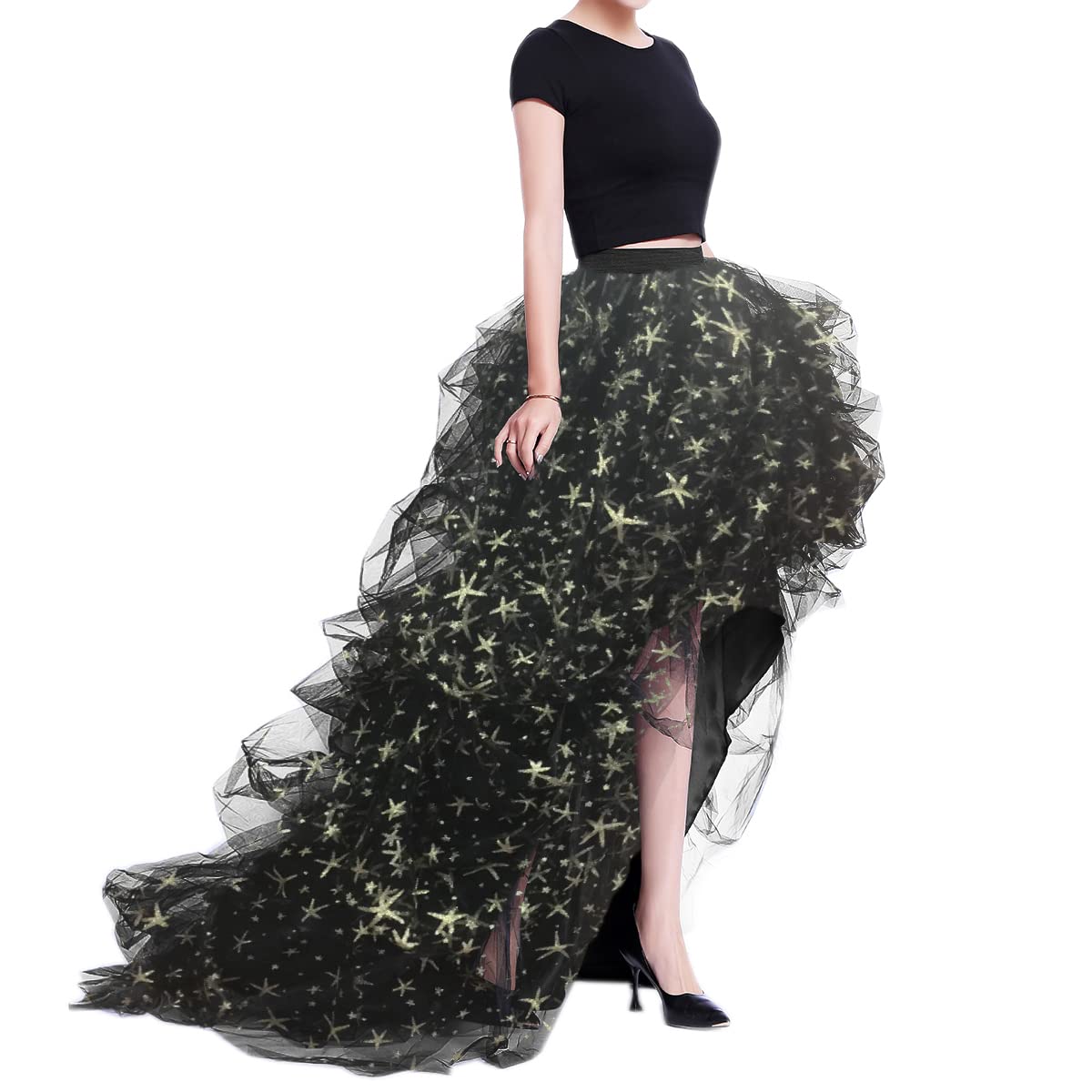 WDPL Women’s High Low Ruffled Tulle Skirt, Long Back Hem for Party Evening