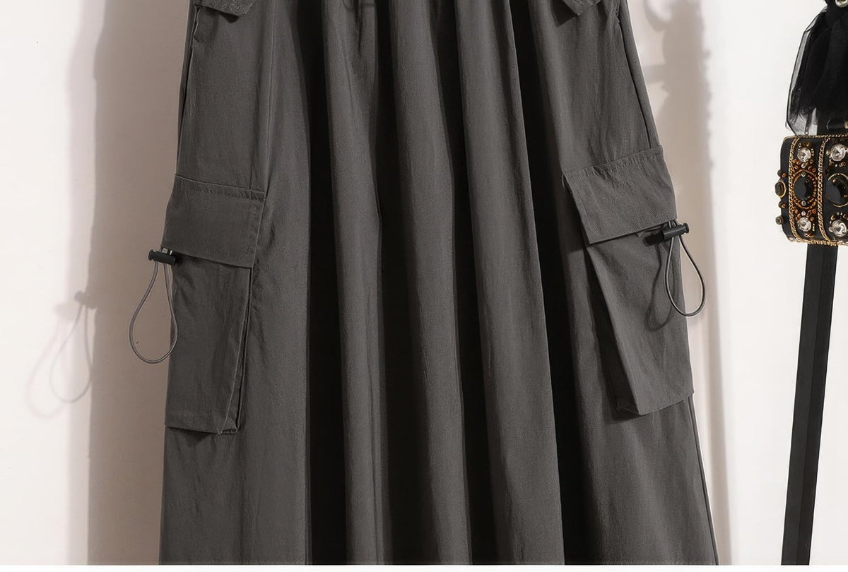 ebossy Women's Vintage Cotton Drawstring Elastic Waist Multi-Pockets Utility Pencil Long Cargo Skirts