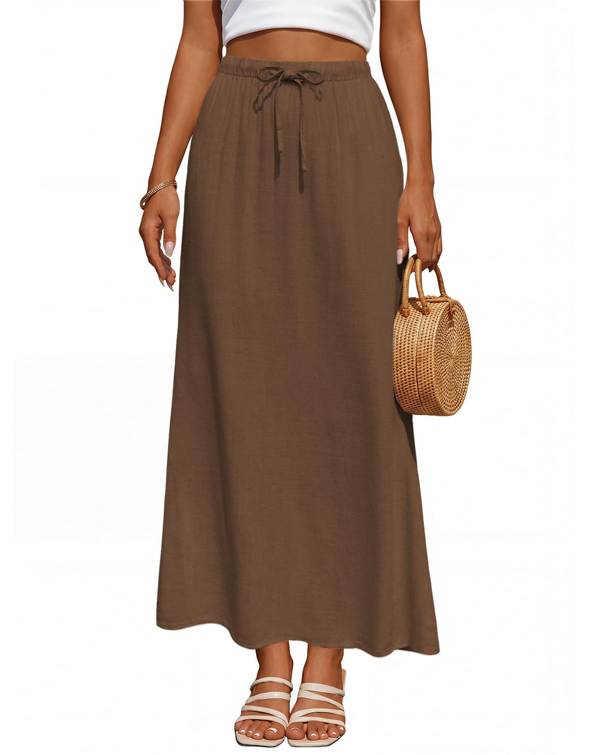 Women's Linen Maxi Skirt Back Slit High Waisted White Long Skirts