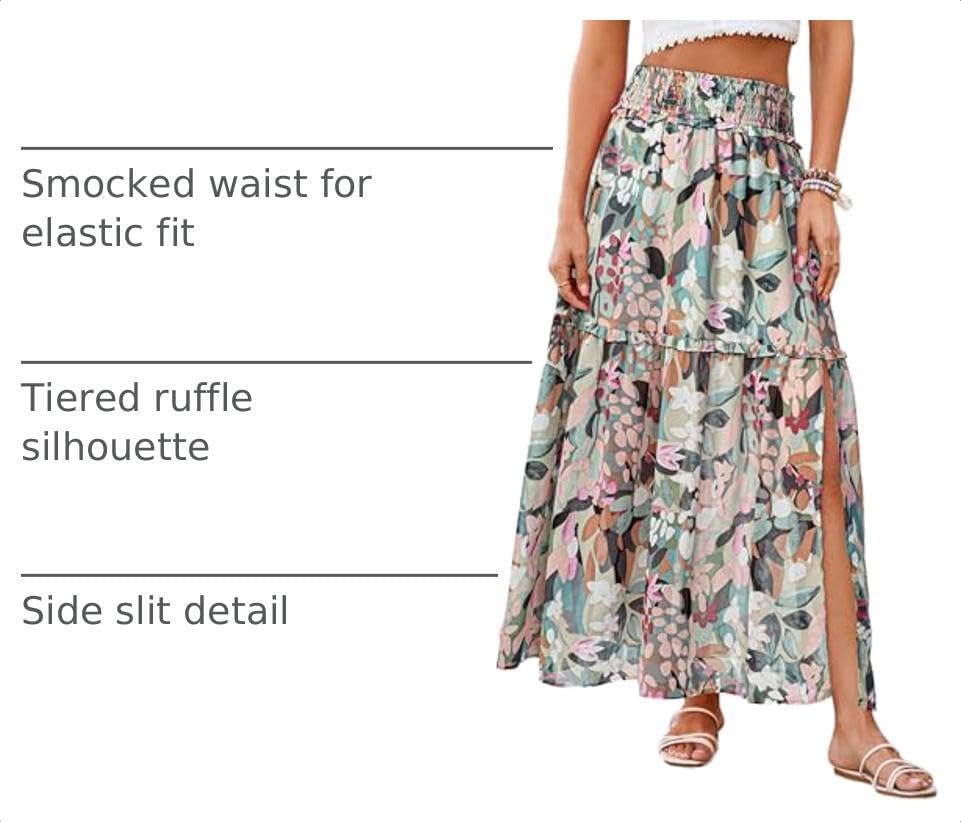 BerryGo Women Boho Floral Maxi Skirts Summer Smocked High Waisted Chiffon Flowy A Line 2026 Trendy Long Beach Skirt with Slit