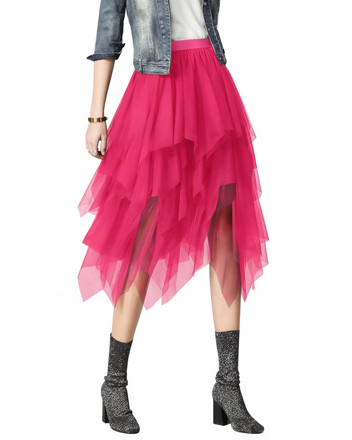 Jogold Womens 3 Layer Tulle Skirt High Waist Asymmetrical Midi Tutu