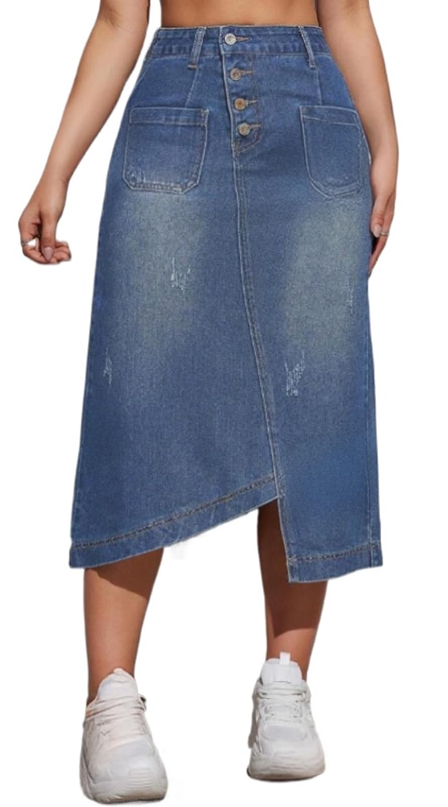 CaniBtr Women's Casual Slit Denim Midi Jean Skirt Stretch with Pockets