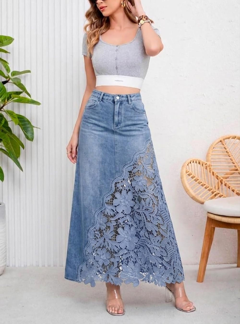Womens Long Jean Skirt A Line Lace Floral Sheer Denim Maxi Skirt