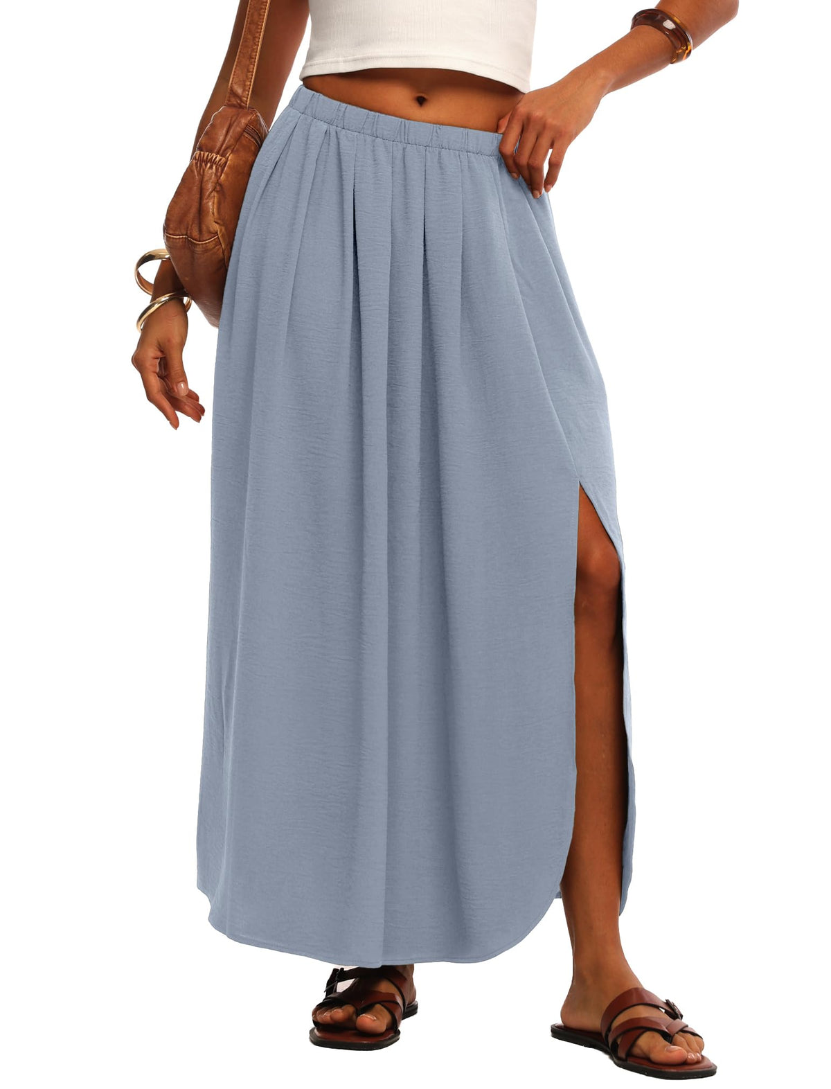 HiMONE Womens Maxi Skirt High Waisted Flowy A Line with Side Slit
