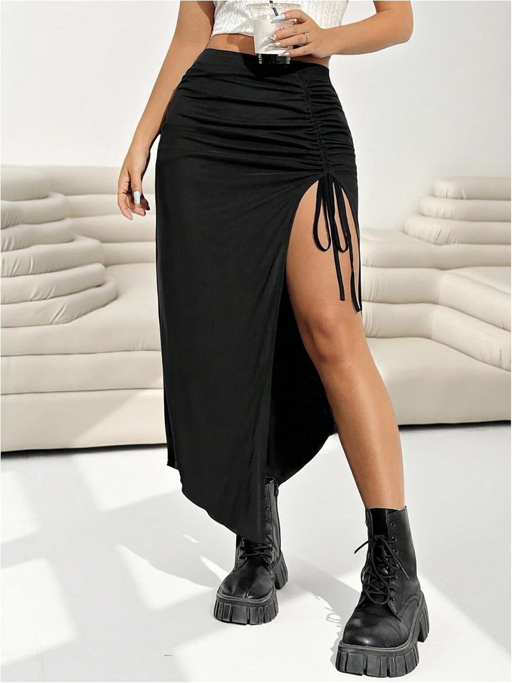 WDIRARA Women's Plus Size Checkered Split Midi High Waist Pencil Skirt