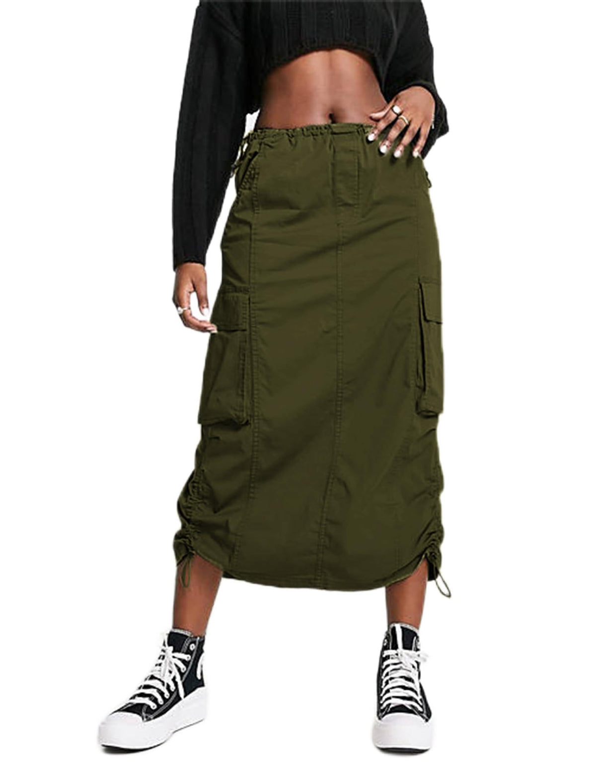 Women Y2k Cargo Long Skirt Low Waist Drawstring Maxi Skirt Ruched Vintage Slit Cargo Skirt with Pockets