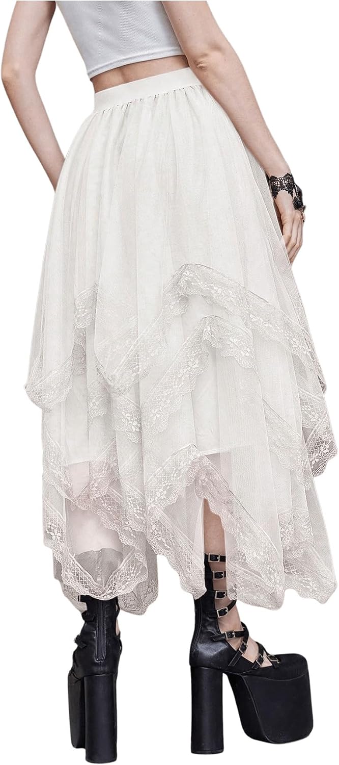 SHENHE Women's Lace Trim Layered Mesh Tulle Skirt Asymmetrical Goth Skirt
