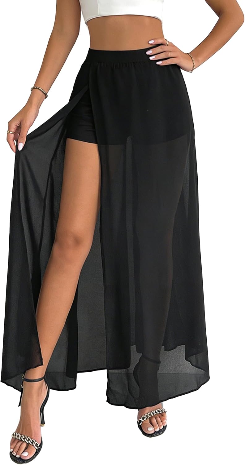 Avanova Women Double High Slit Mesh Sheer Maxi Skirt with Shorts