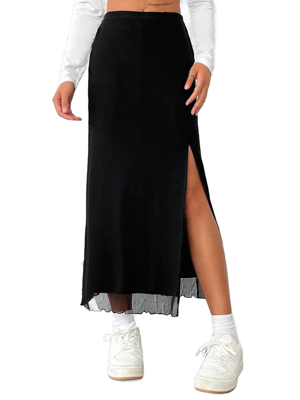 Avanova Women's Mesh Slit Split Long Skirts High Waisted Sexy Summer Maxi Skirts