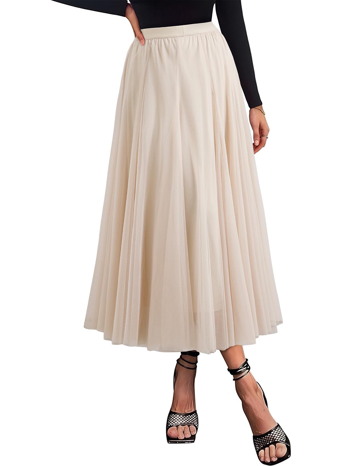 Happy Sailed Womens Tulle Skirt Elastic High Waisted A-Line Layered Flowy Long Skirts Date Night Outfit