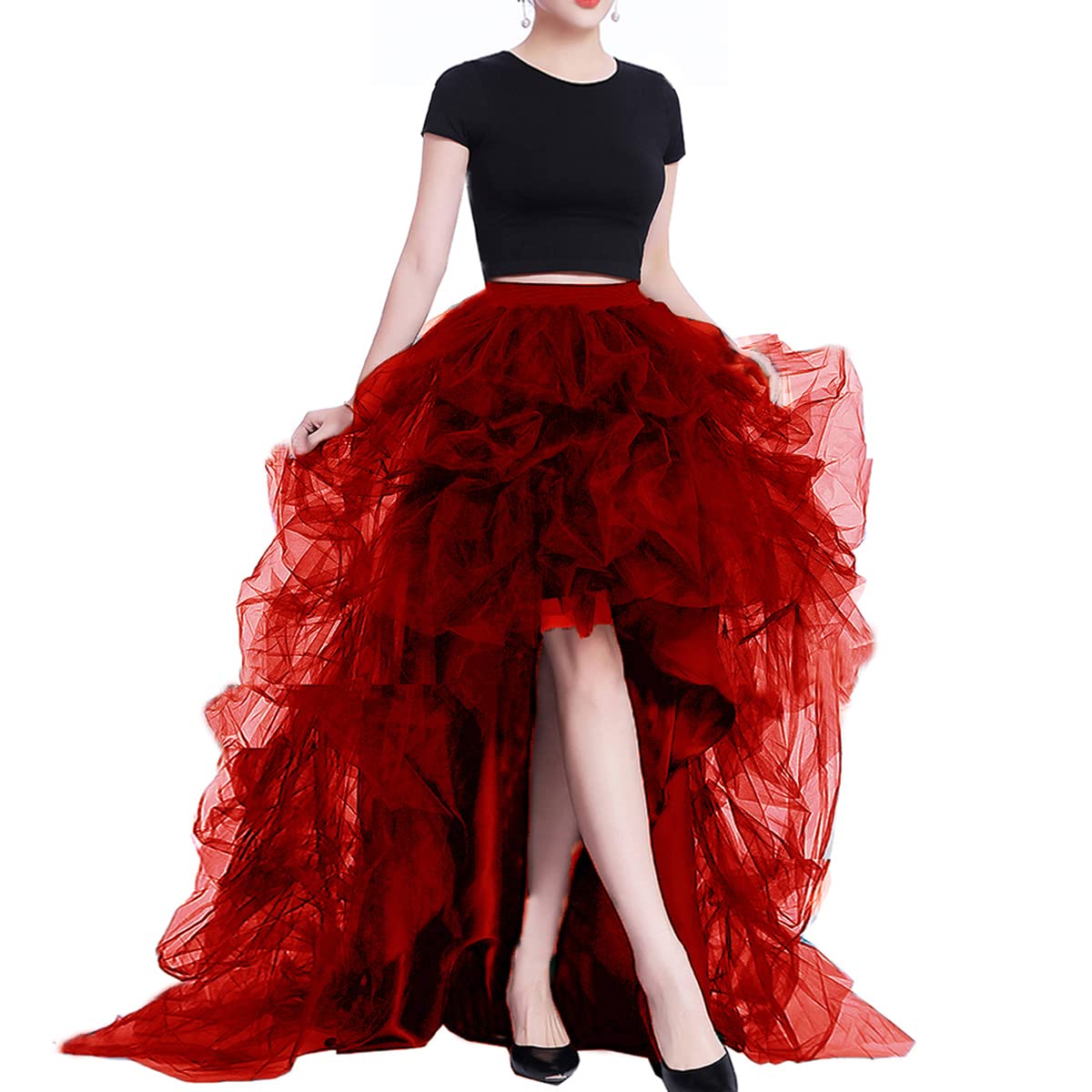 Lisong Women High Waist High Low Layered Tulle Floor Length Spectial Occasion Skirt