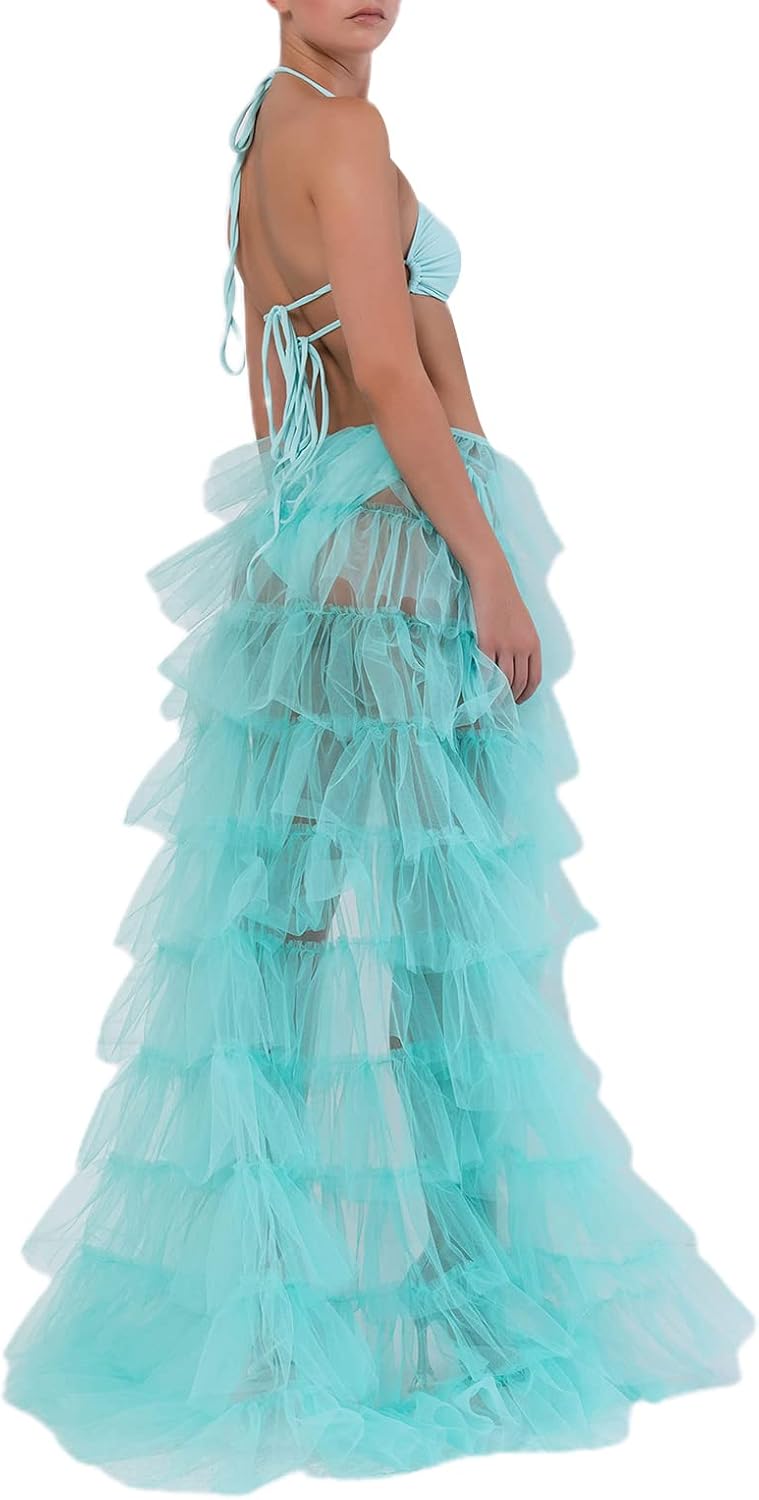 Women Y2k High Low Tulle Skirt Self-Tied Mesh Ruffle Layered See-Through Floor-Length Cocktail Prom Party Skirt