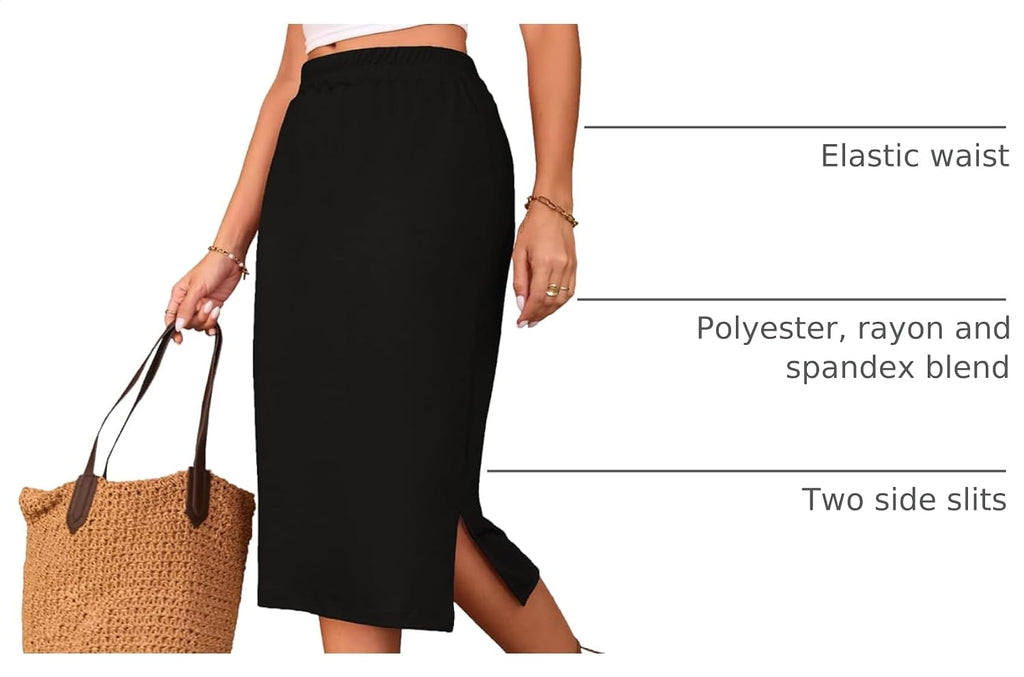 Naggoo Midi Skirts for Women Summer Elastic High Waisted Side Slit Long Skirts