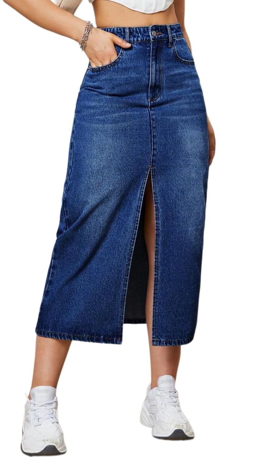 CaniBtr Women's Casual Slit Denim Midi Jean Skirt Stretch with Pockets