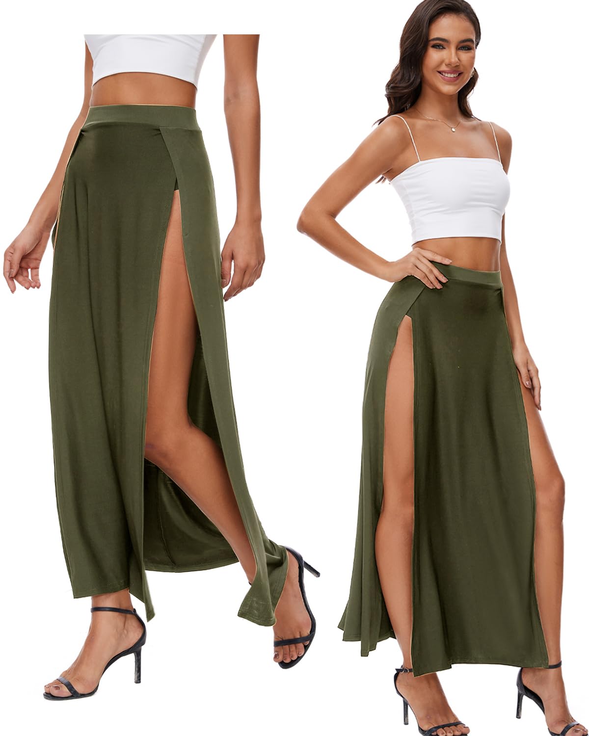Women's Elastic Waist High Split Wrap Flowy Long Maxi Skirt Plain Side Slit Beach Party Maxi Skirts Renaissance Costume