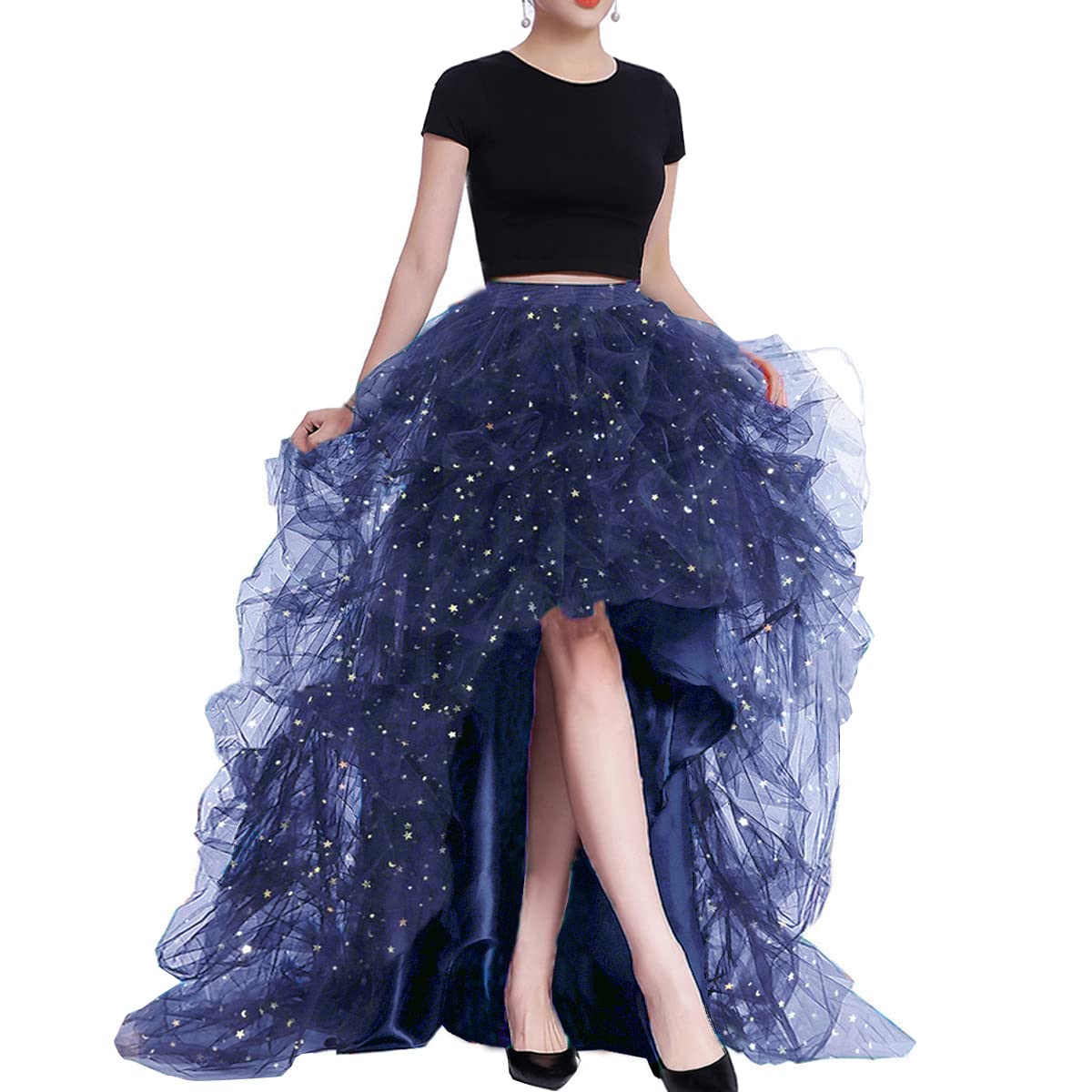 Lisong Women High Waist High Low Layered Tulle Floor Length Spectial Occasion Skirt