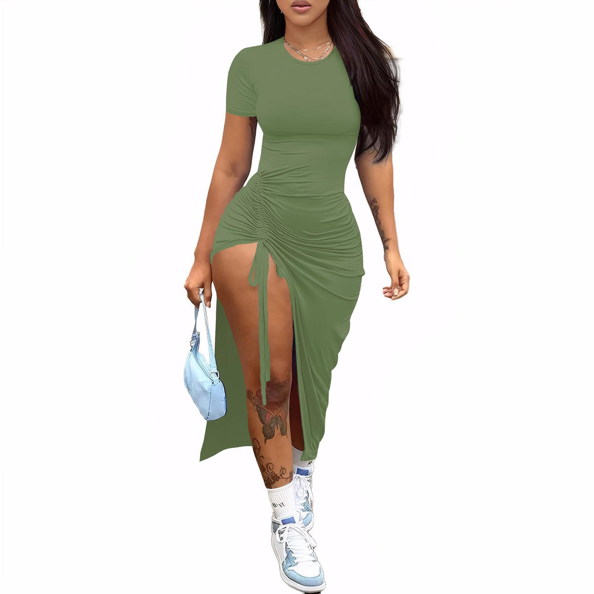 Nimsruc Women Sexy Summer Bodycon Dresses Short Sleeve Slit Maxi Club Dress