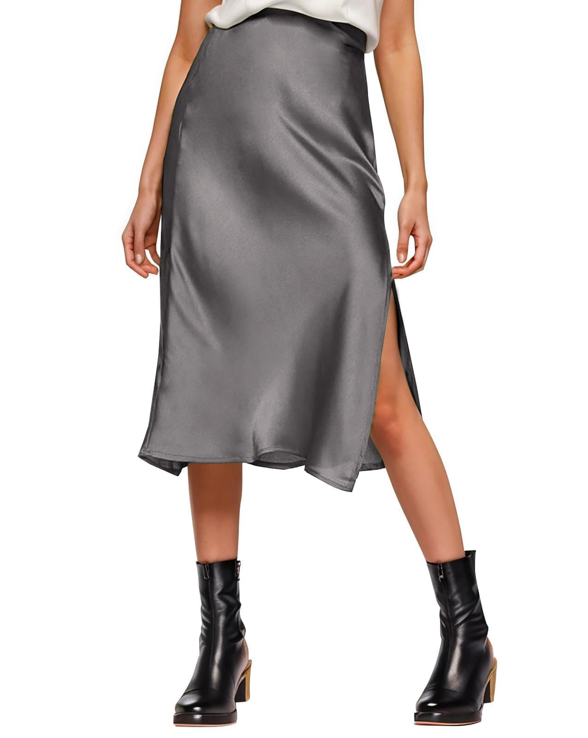 Amy Babe Womens Satin Silk High Waist Slit Midi Skirt Long Skirts for Women