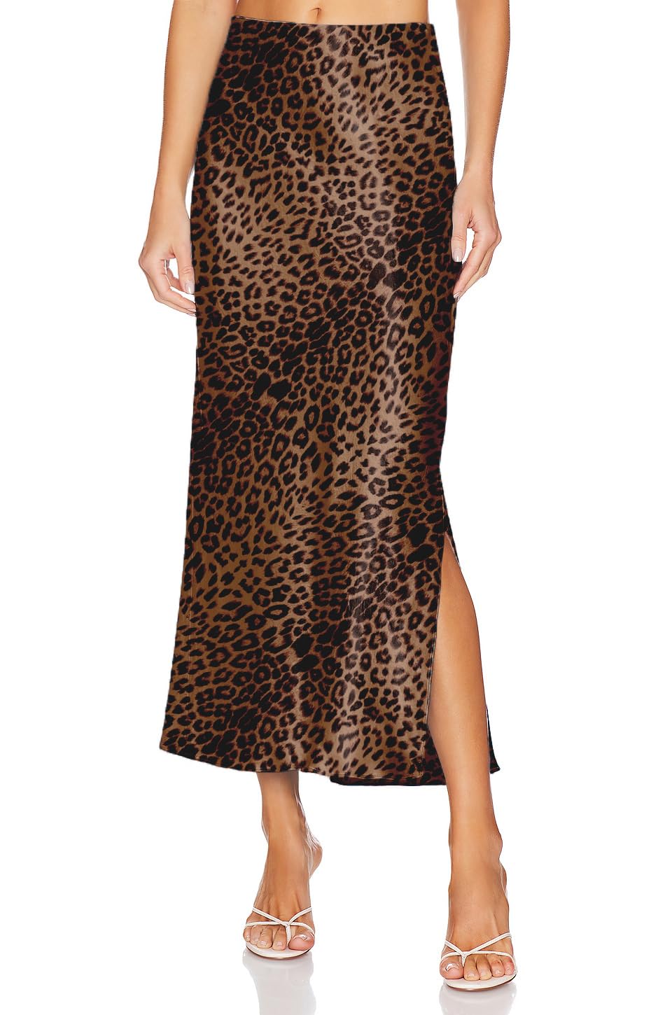 Womens Satin Silk Maxi Slit Skirt Elastic Waistband Leopard Print Maxi Long Satin Slit Skirts for Women