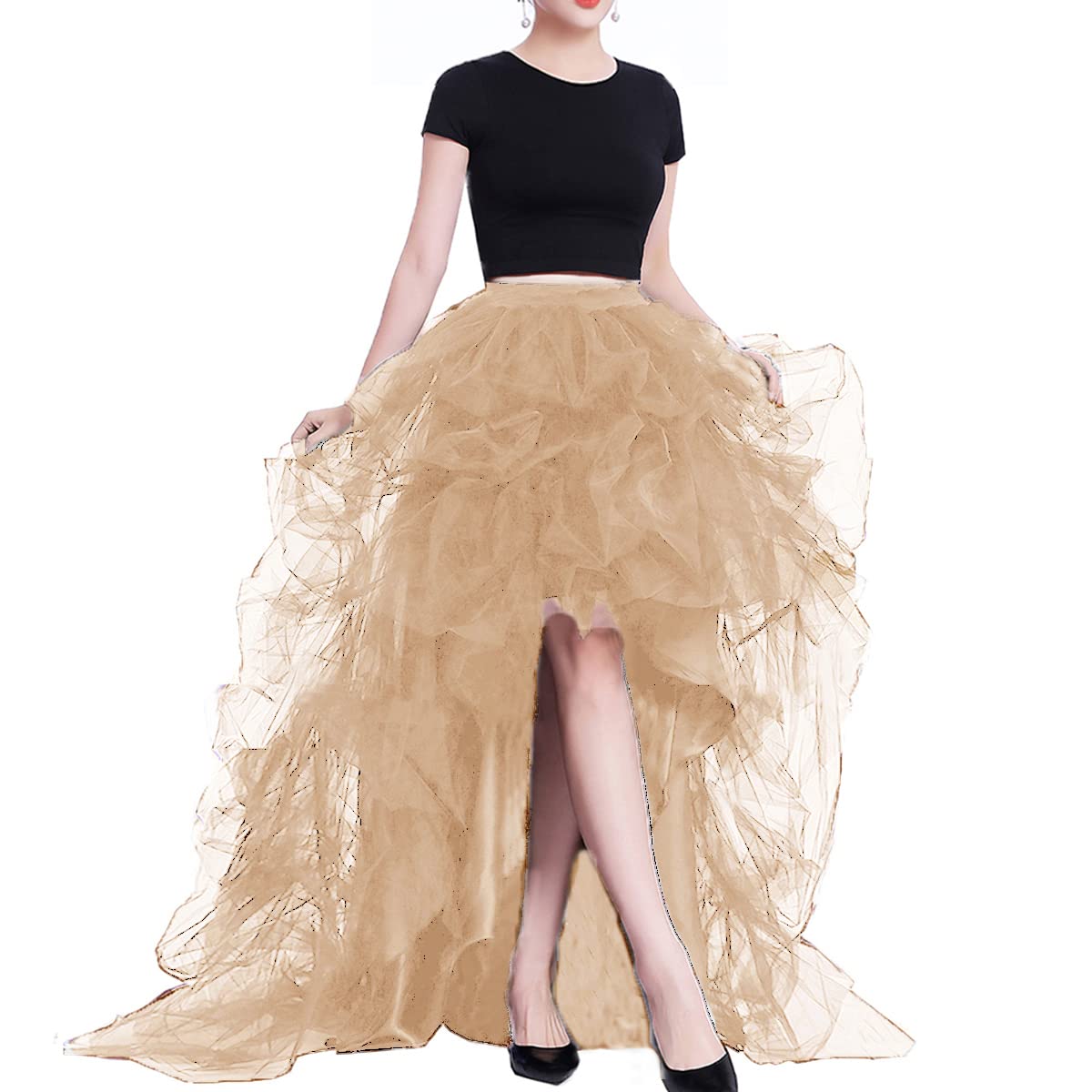 Lisong Women High Waist High Low Layered Tulle Floor Length Spectial Occasion Skirt