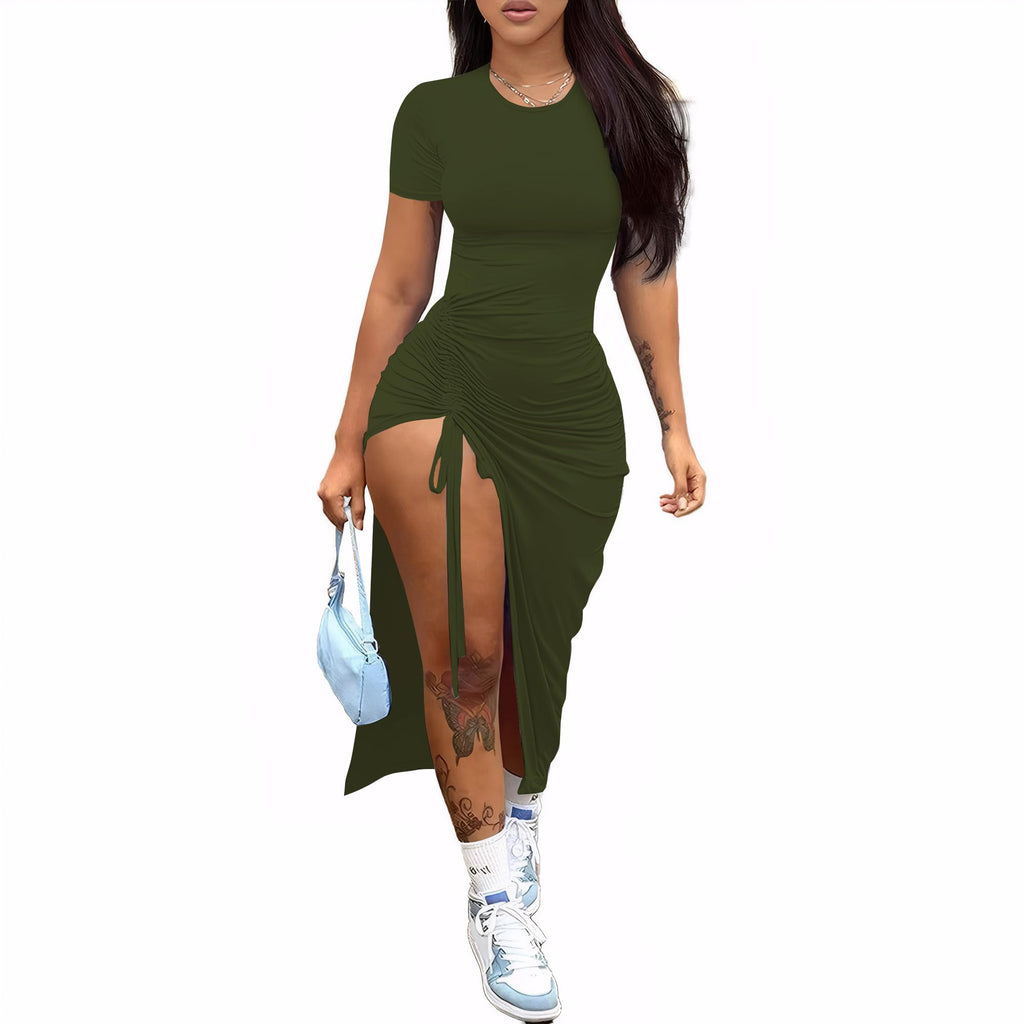 Nimsruc Women Sexy Summer Bodycon Dresses Short Sleeve Slit Maxi Club Dress