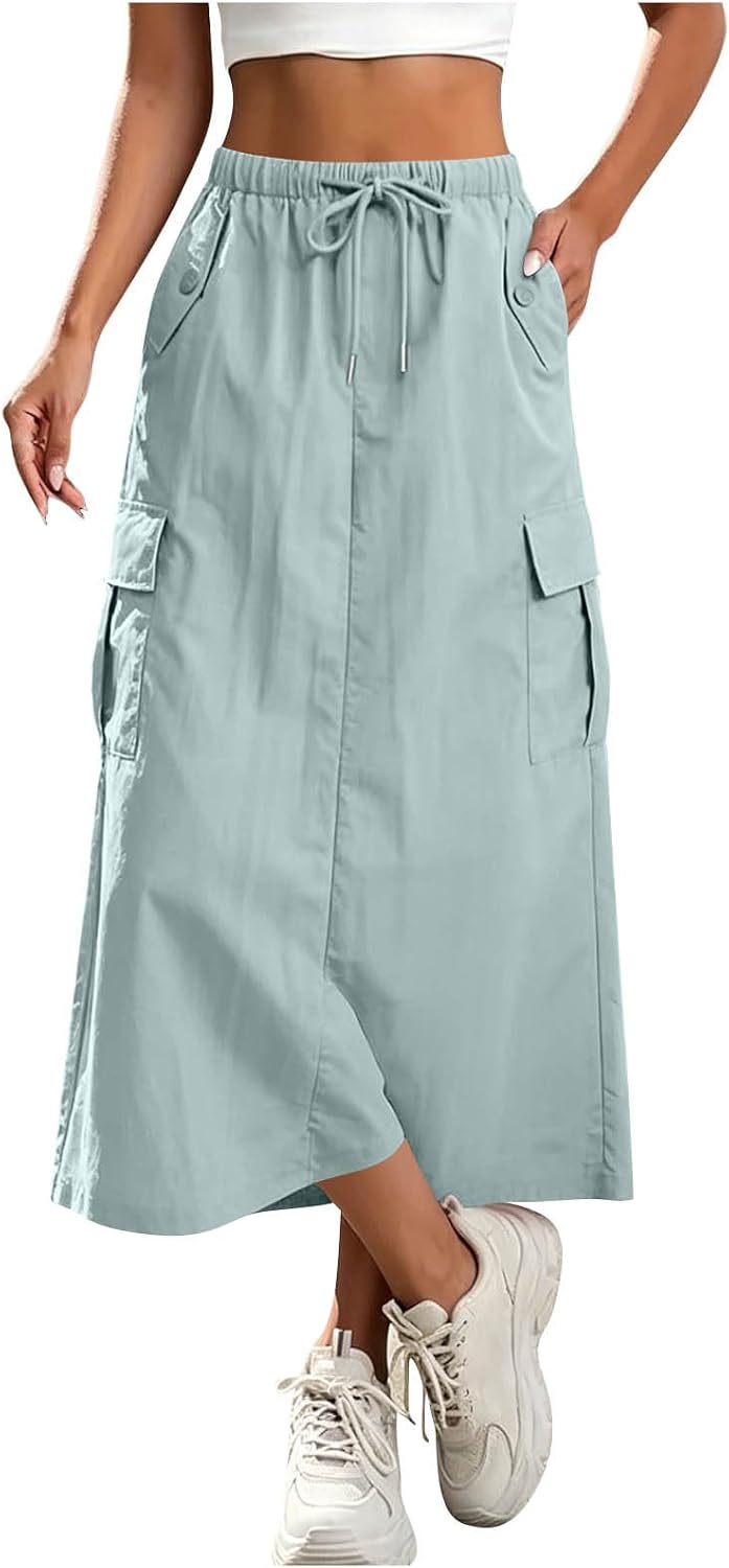 Womens Cargo Skirt High Waisted Drawstring Quick Dry Maxi Skirt Trendy Back Slit A Line Long Skirts Summer Skirts