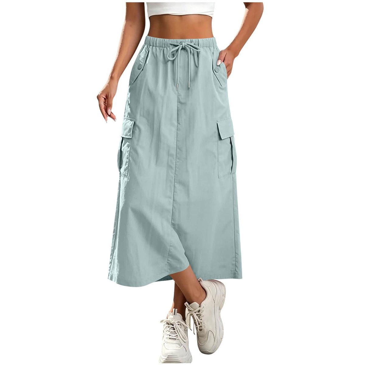 Women's Cargo Skirts Elastic Waist Drawstring Utility Midi Skirt with Multi-Pockets Casual Trendy Streetwear Skirts