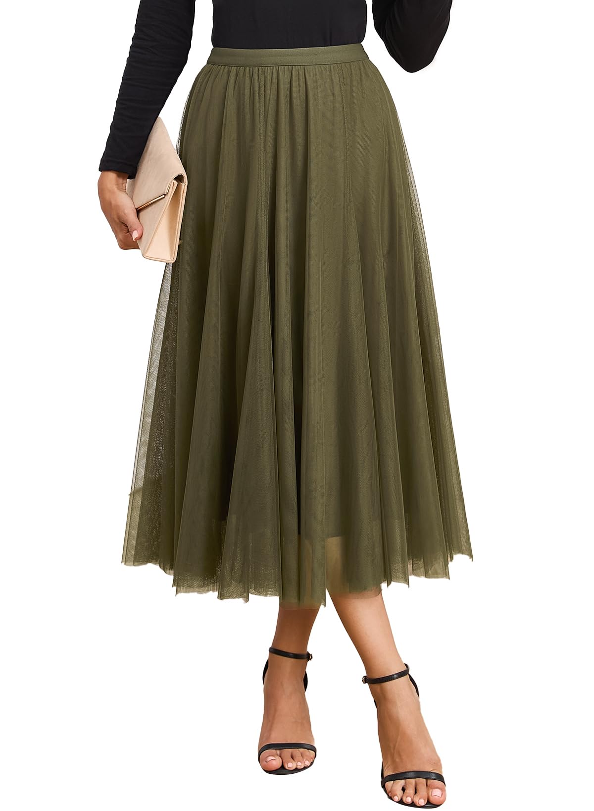 Happy Sailed Womens Tulle Skirt Elastic High Waisted A-Line Layered Flowy Long Skirts Date Night Outfit