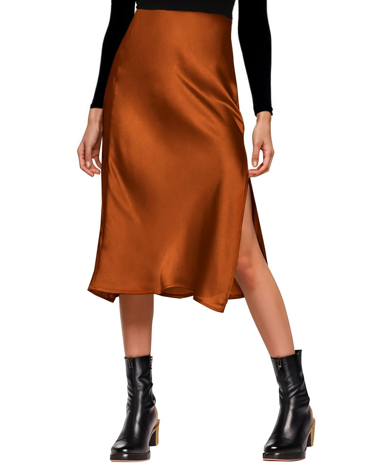 Amy Babe Womens Satin Silk High Waist Slit Midi Skirt Long Skirts for Women
