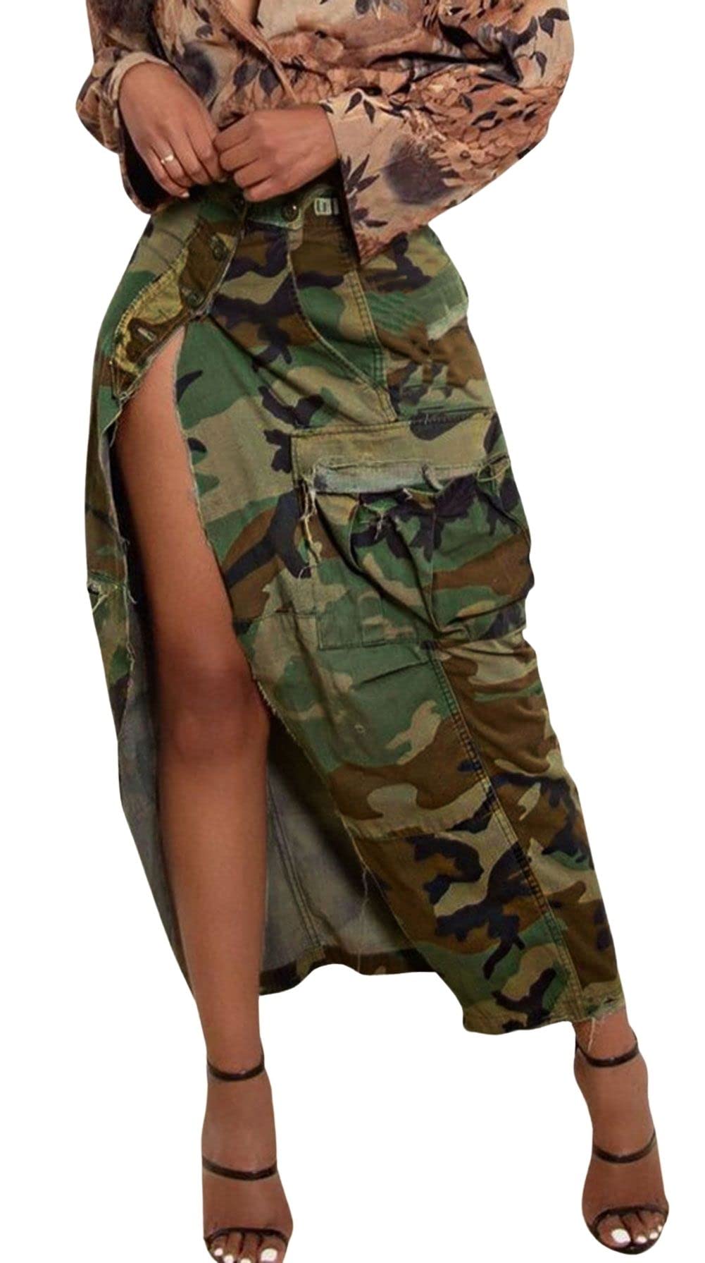 CHARTOU Women Camouflage Skirt Camo Maxi Pencil Skirt Bodycon Button Slit Cargo Skirt with Pocket
