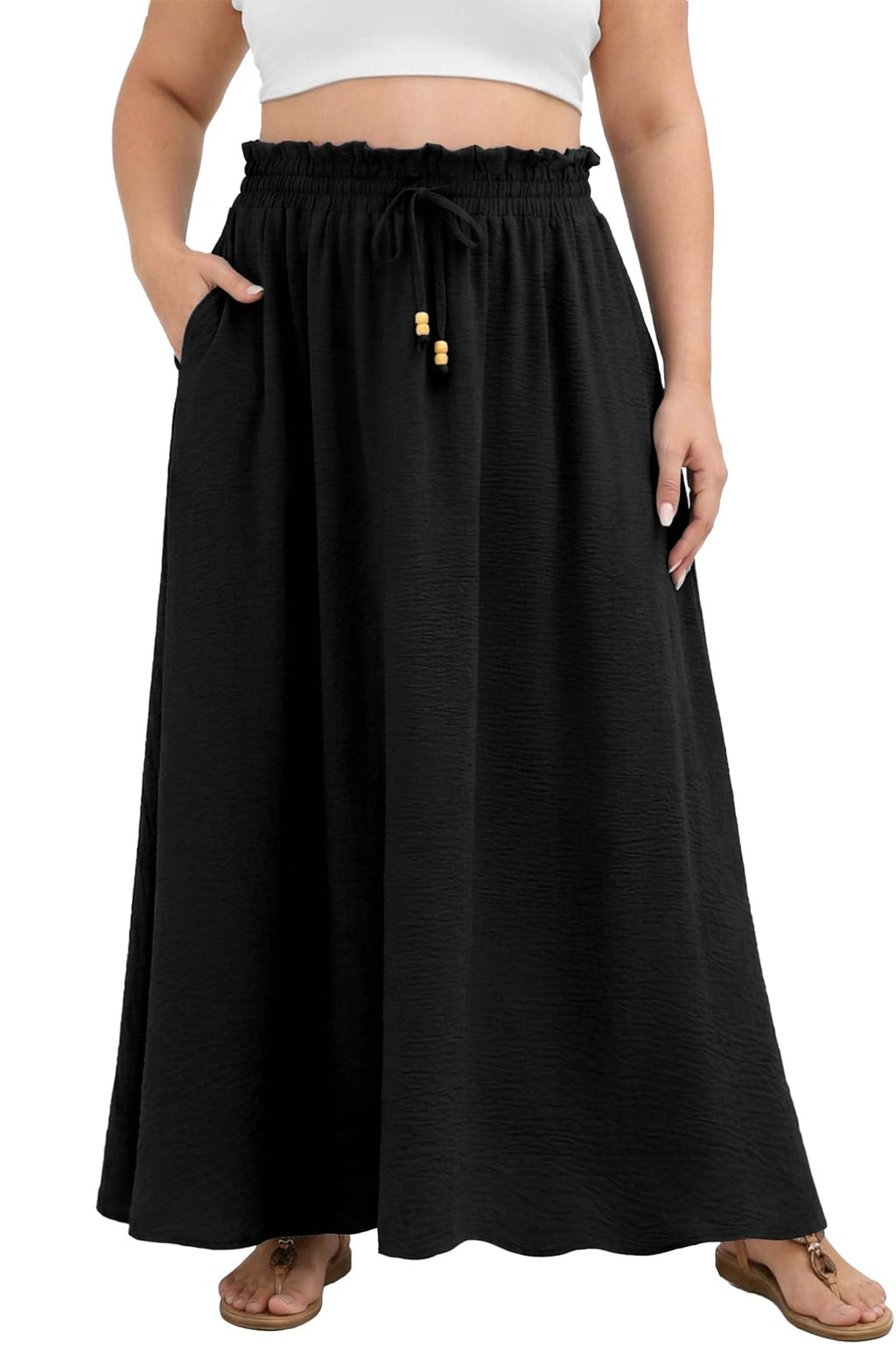 Lastshe Women's Plus Size Maxi Skirts Summer Beach Swing Pleated Elastic Waisted A-line Long Skirt with Pockets 2026