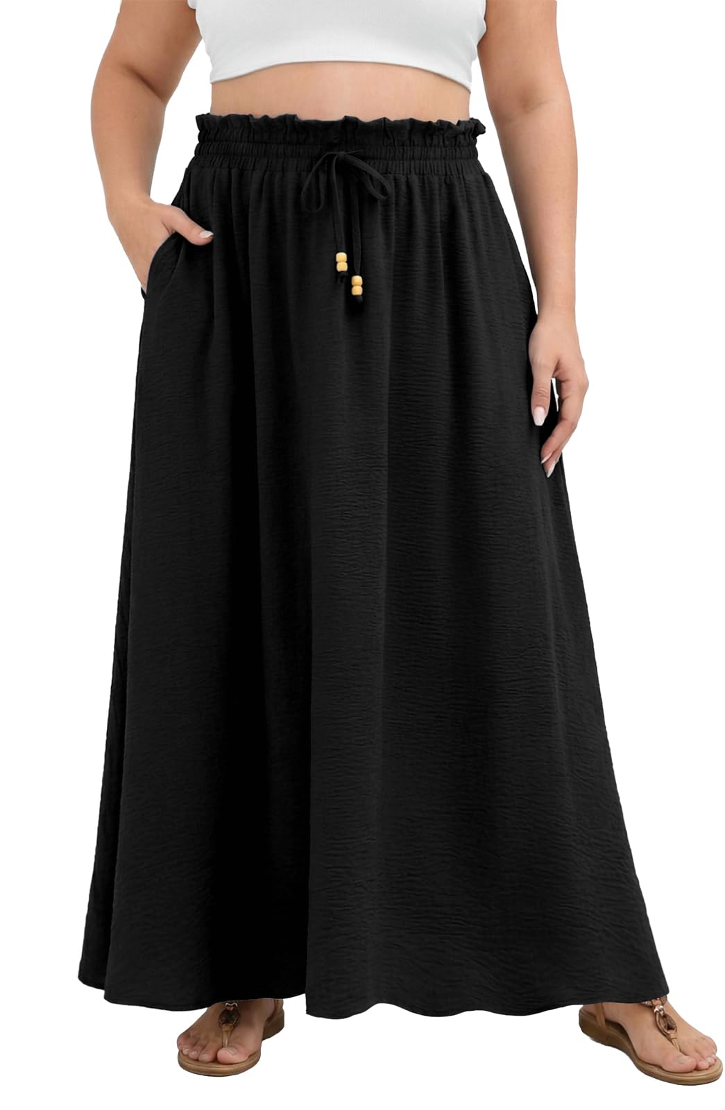 Lastshe Women's Plus Size Maxi Skirts Summer Beach Swing Pleated Elastic Waisted A-line Long Skirt with Pockets 2026