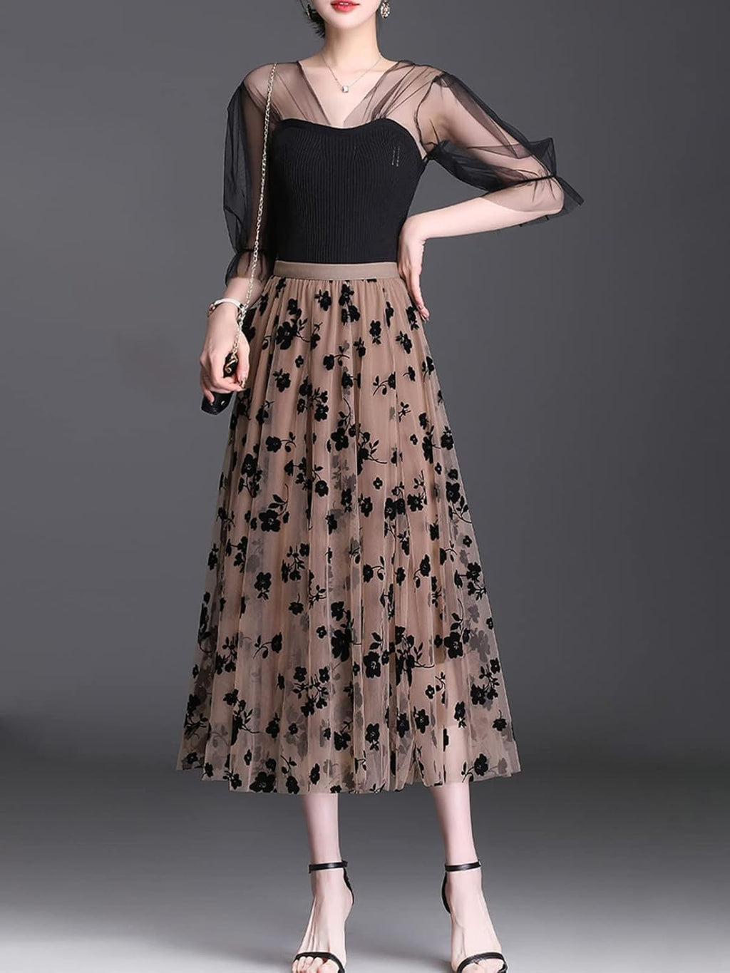 Reaowazo Skirts for Women Midi Long Length Dressy Casual Trendy Summer Tulle A-Line Floral High Waist Skirt