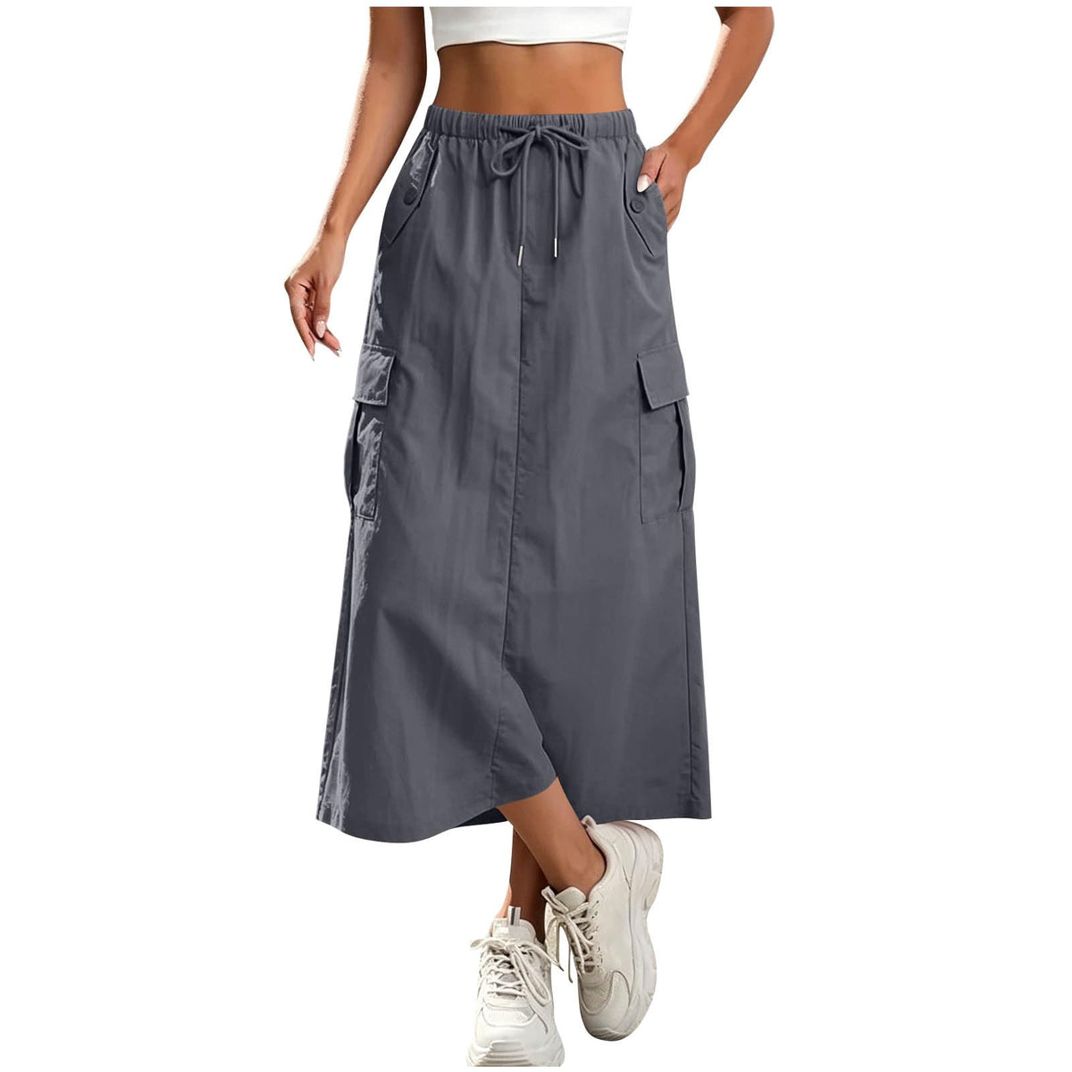 Womens Cargo Skirt High Waisted Drawstring Quick Dry Maxi Skirt Trendy Back Slit A Line Long Skirts Summer Skirts