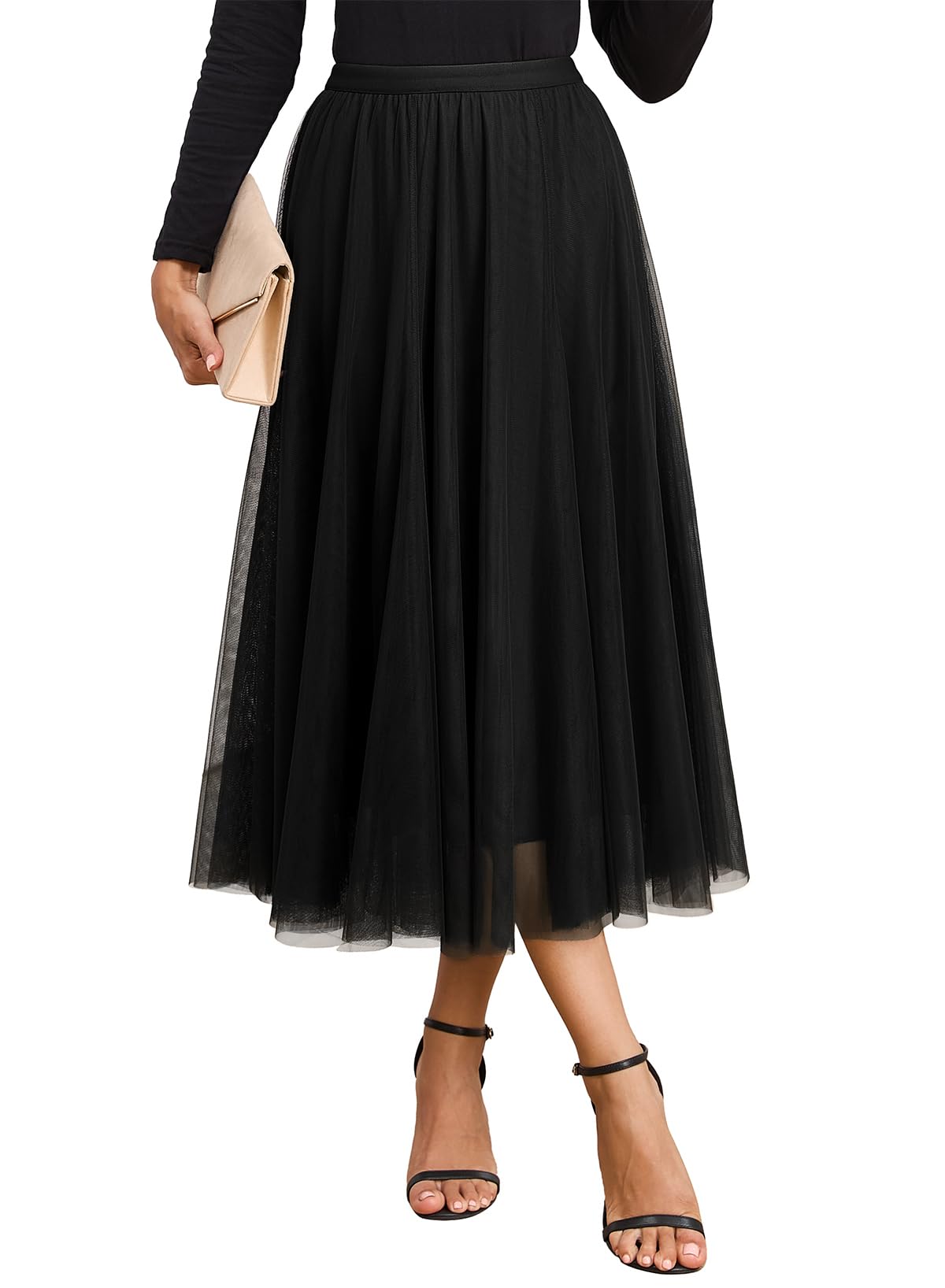 Happy Sailed Womens Tulle Skirt Elastic High Waisted A-Line Layered Flowy Long Skirts Date Night Outfit