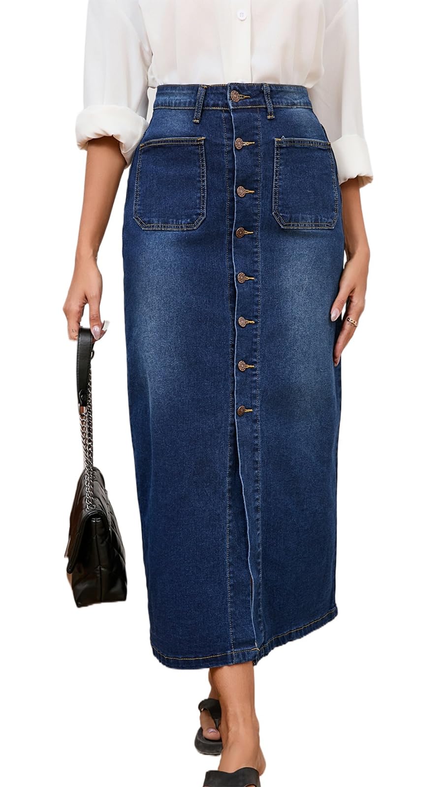 CaniBtr Women's Casual Slit Denim Midi Jean Skirt Stretch with Pockets