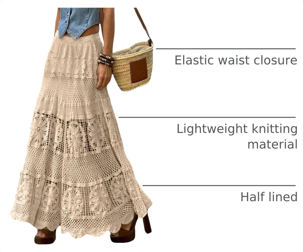 chouyatou Women's Western Floral Lace Crochet Knit Maxi Boho Skirt A-Line Eyelet Hippie Flowy Long Skirt