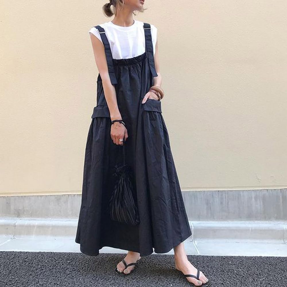 utcoco Women's Casual Baggy Overall Dress Cargo Parachute Skirt Bib Dress