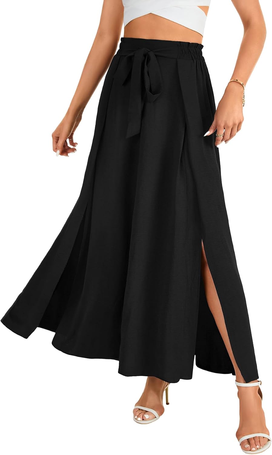 LYANER Women's Tie Front Pleated A Line Skirt High Waist Flowy Boho Maxi Dress with Slit Dressy Outfit