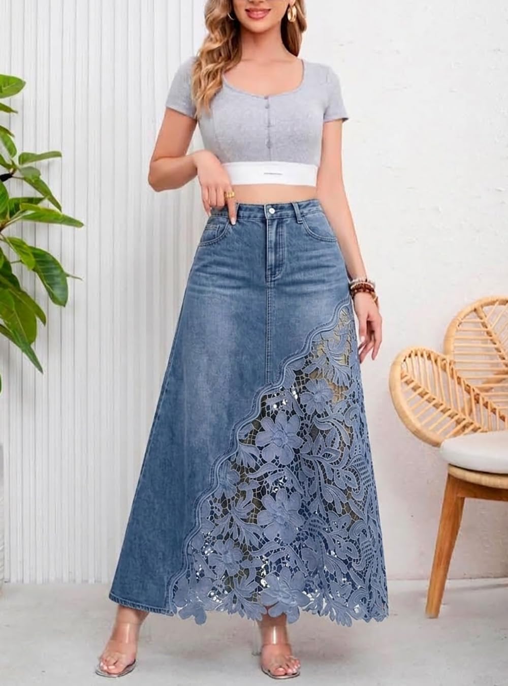 Womens Long Jean Skirt A Line Lace Floral Sheer Denim Maxi Skirt