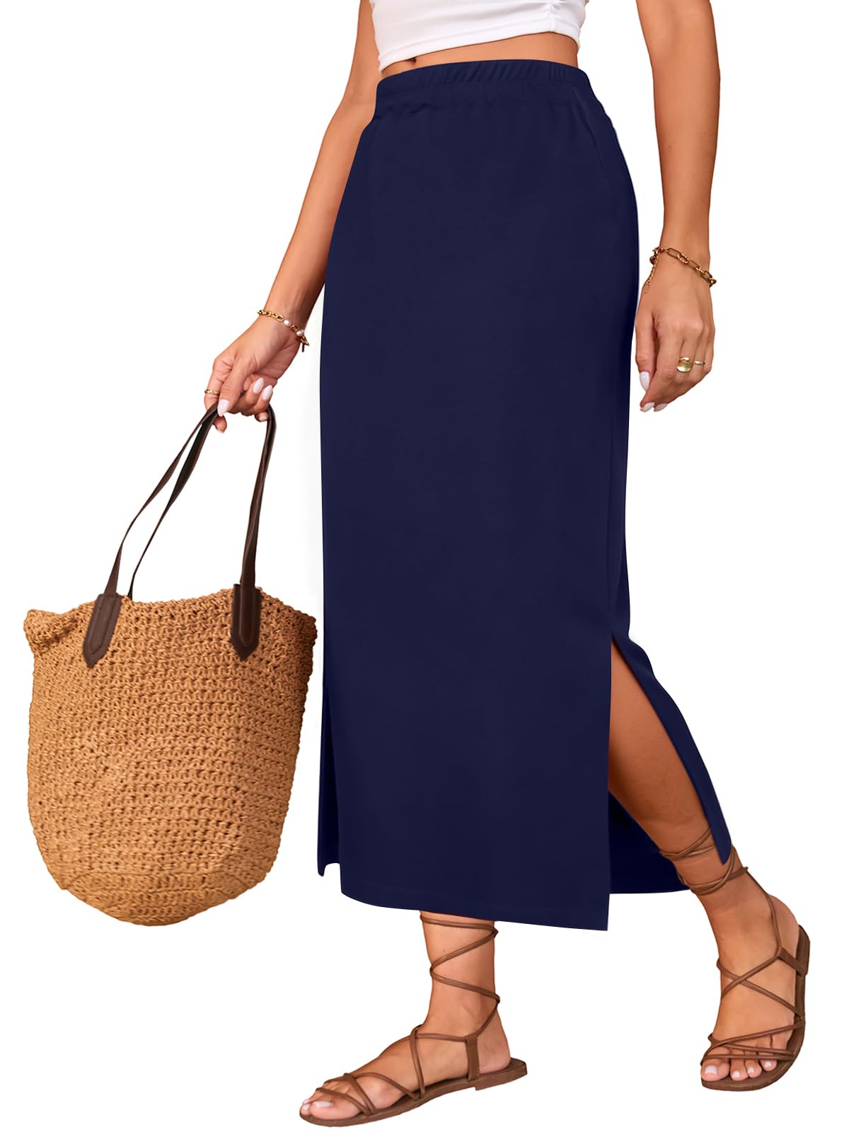 Poetsky Maxi Skirt for Women Summer Side Slit Pencil Skirts Elastic High Waisted Long Skirt